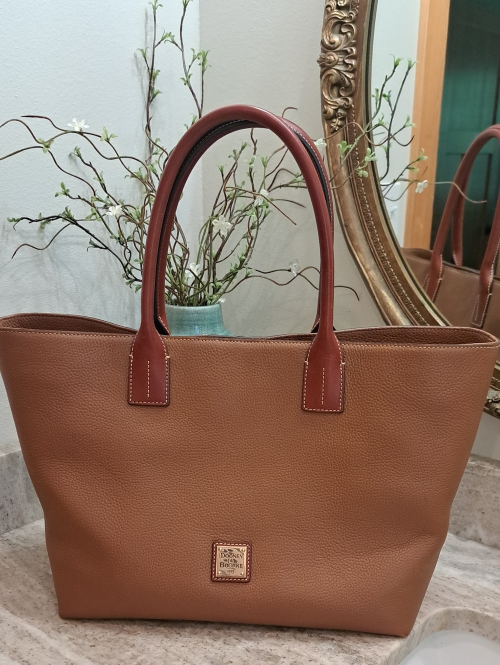 Dooney & Bourke Pebble Leather Tote in Cognac with Dark Brown Handles - Picture 1 of 11
